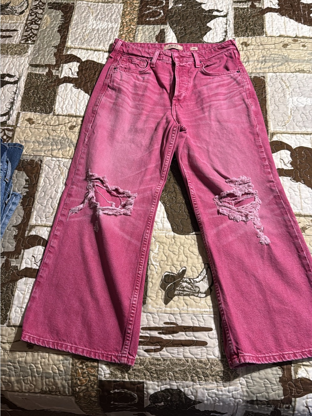 Ariat Pink Distressed Wide-Leg Jeans